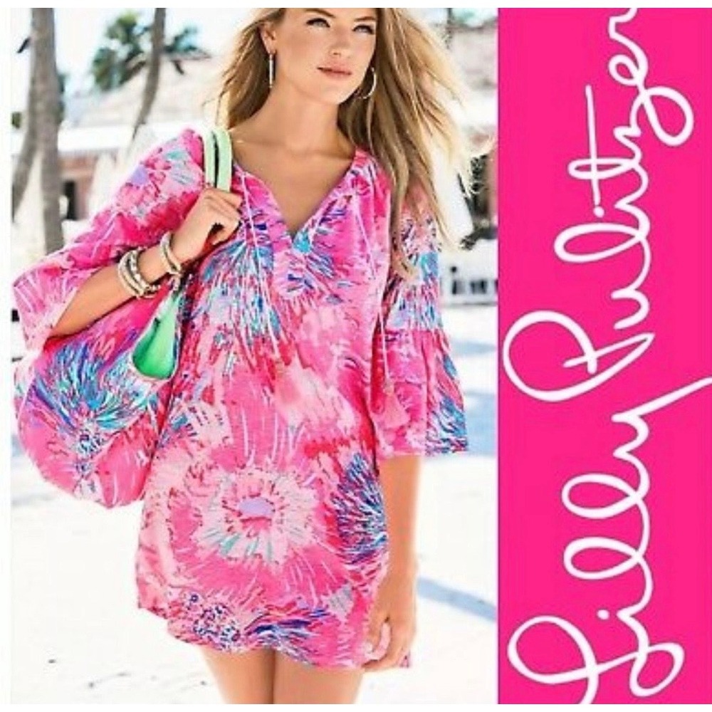 Lilly Pulitzer Hollee Dress Pink Blue Floral Bell Sleeve Tassel Shift‎ 25264